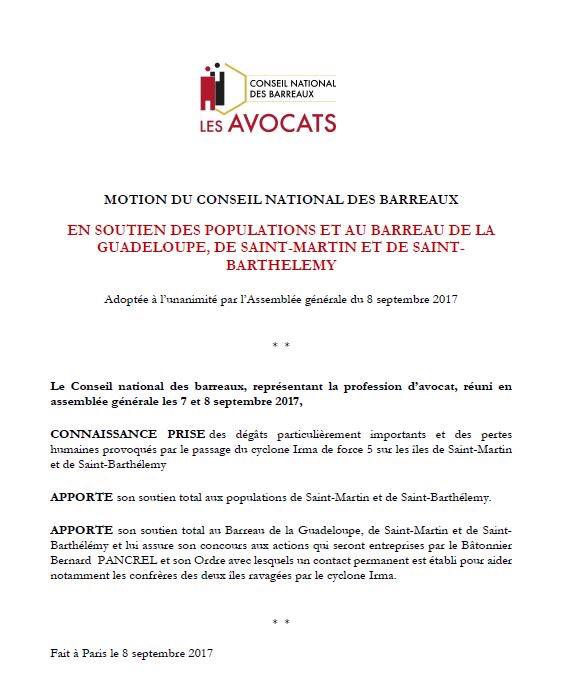 Le Conseil National des Barreaux apporte son soutien aux victimes du cyclone Irma