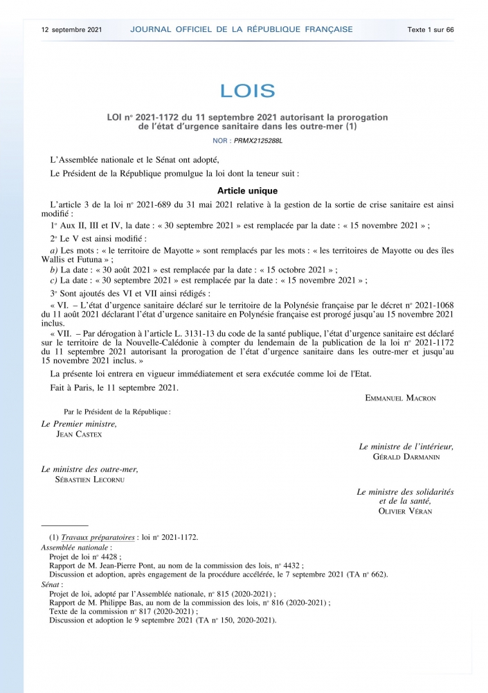 Loi n° 2021-1172 du 11 septembre 2021 autorisant la prorogation de l'état d'urgence sanitaire dans les outre-mer publiée